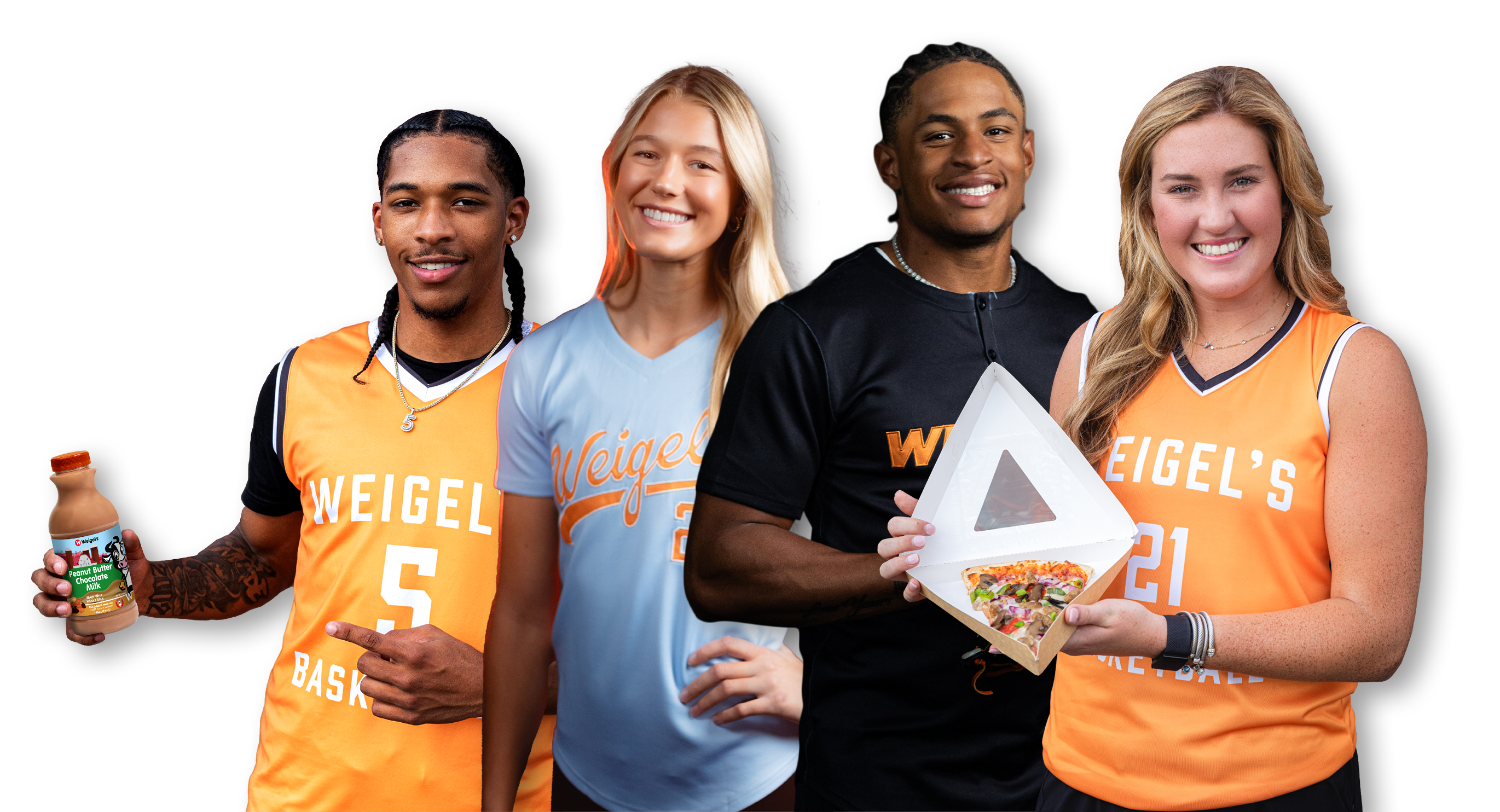 From left to right in the picture of Weigel's NIL athletes are Zakai Zeigler, Karlyn Pickens, Christian Moore, and Tess Darby