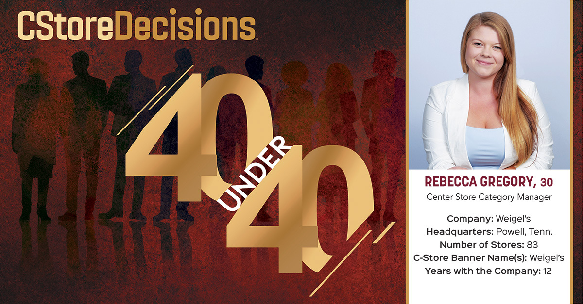 Rebecca Gregory, Center Store Category Manager at Weigel's, smiling in a professional portrait next to a CStore Decisions 40 Under 40 graphic highlighting her recognition. The image includes details about her award, company, and accomplishments.